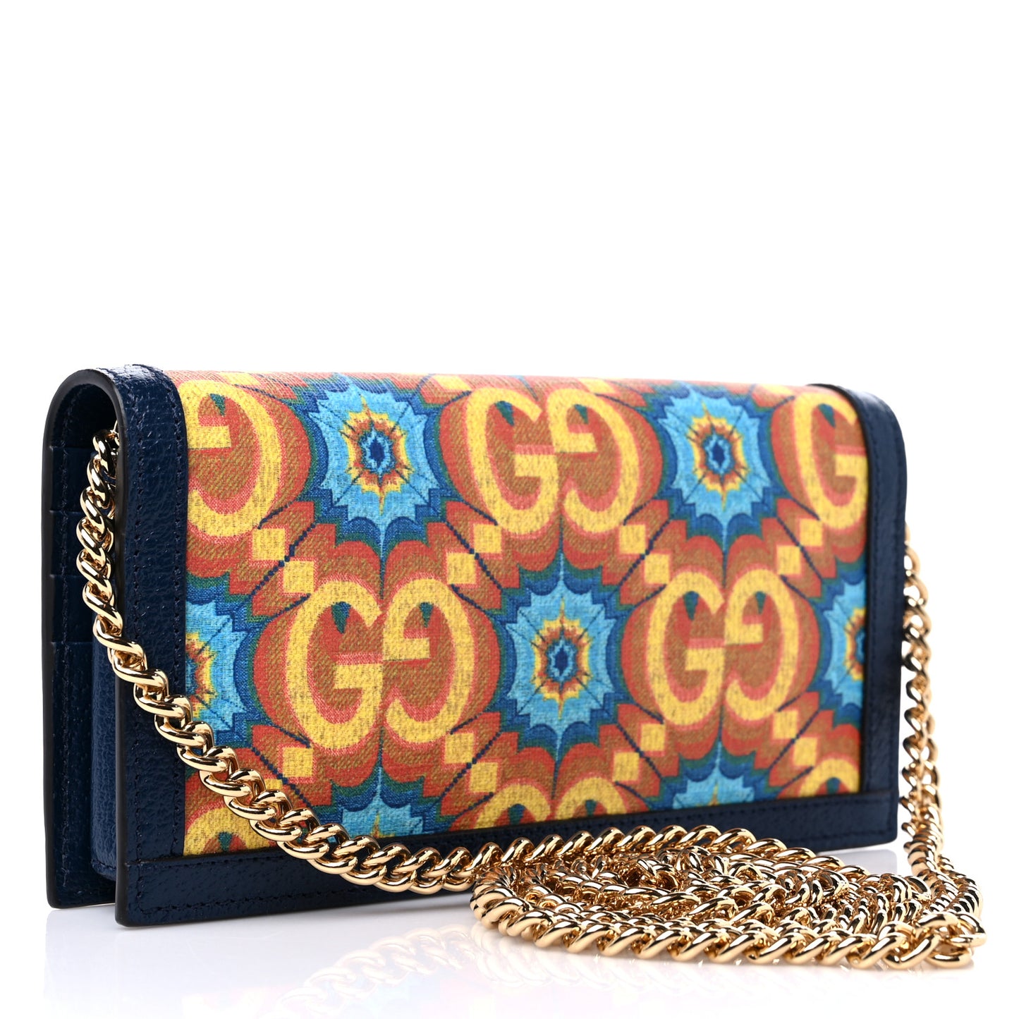 GG Supreme Kaleidoscope Calfskin Script Logo Gucci 100 Chain Wallet Blue Orange Multicolor Blue Agata