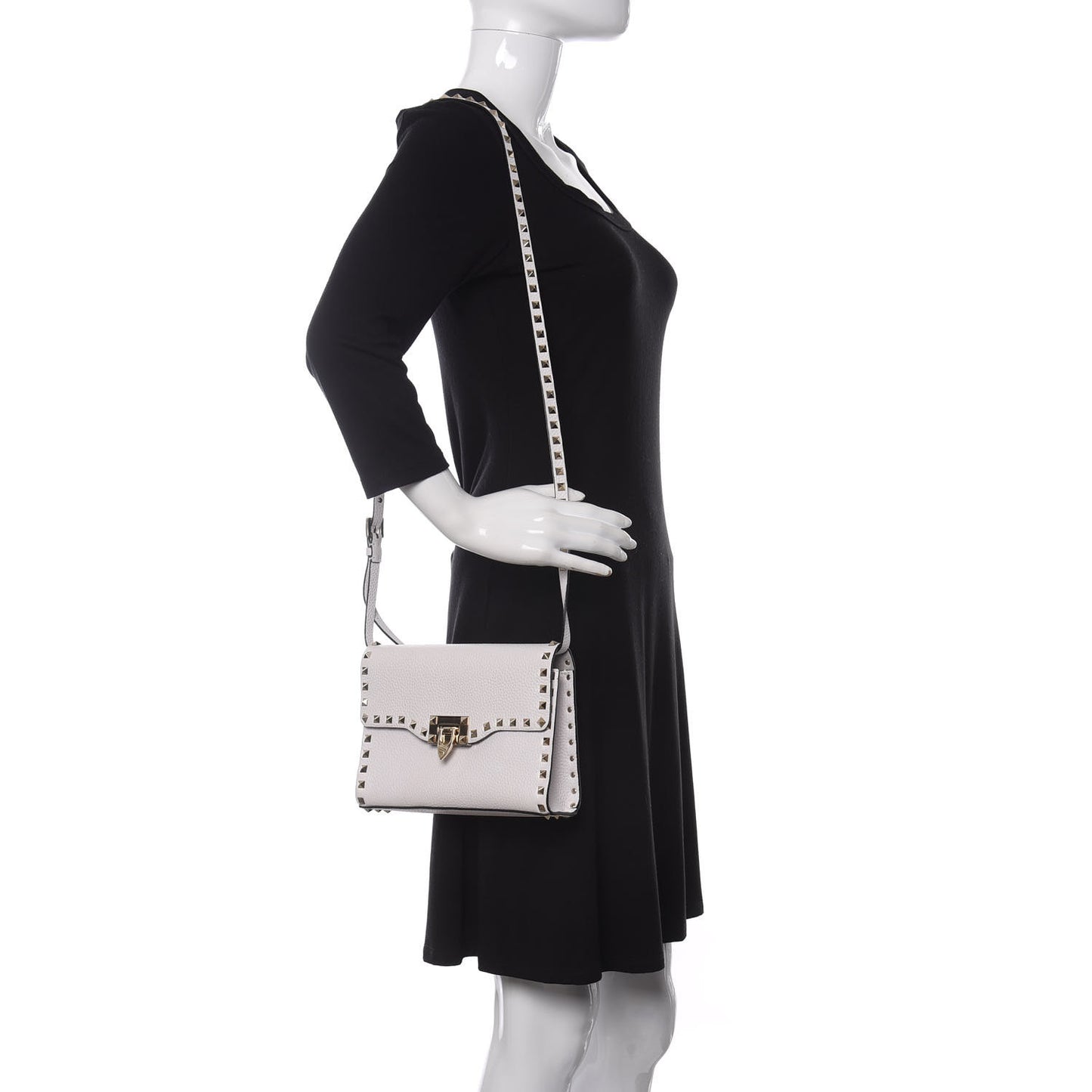 Pebbled Calfskin Medium Rockstud Flip Lock Crossbody Bag White