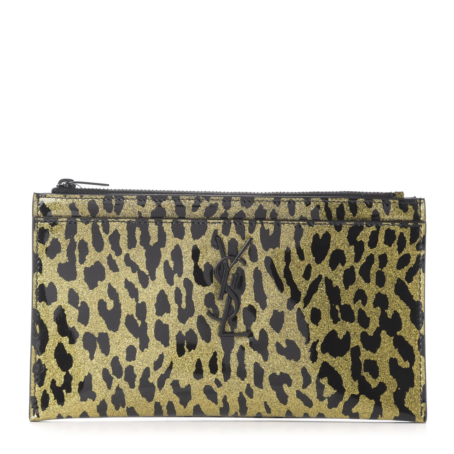 Saint Laurent Patent Glitter Leopard Monogram Zip Pouch Gold Black 1 of 13