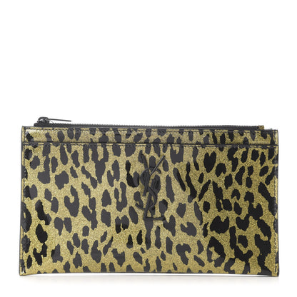 Saint Laurent Patent Glitter Leopard Monogram Zip Pouch Gold Black 1 of 13