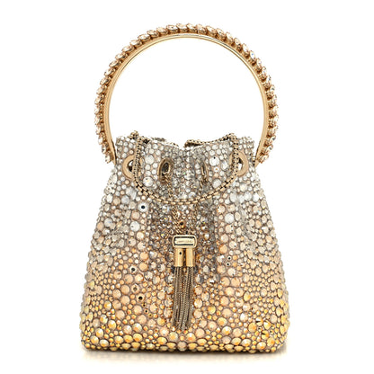 Jimmy Choo Satin Hotfix Crystal Embellished Bon Bon Bucket Bag Gold Silver 1 of 10