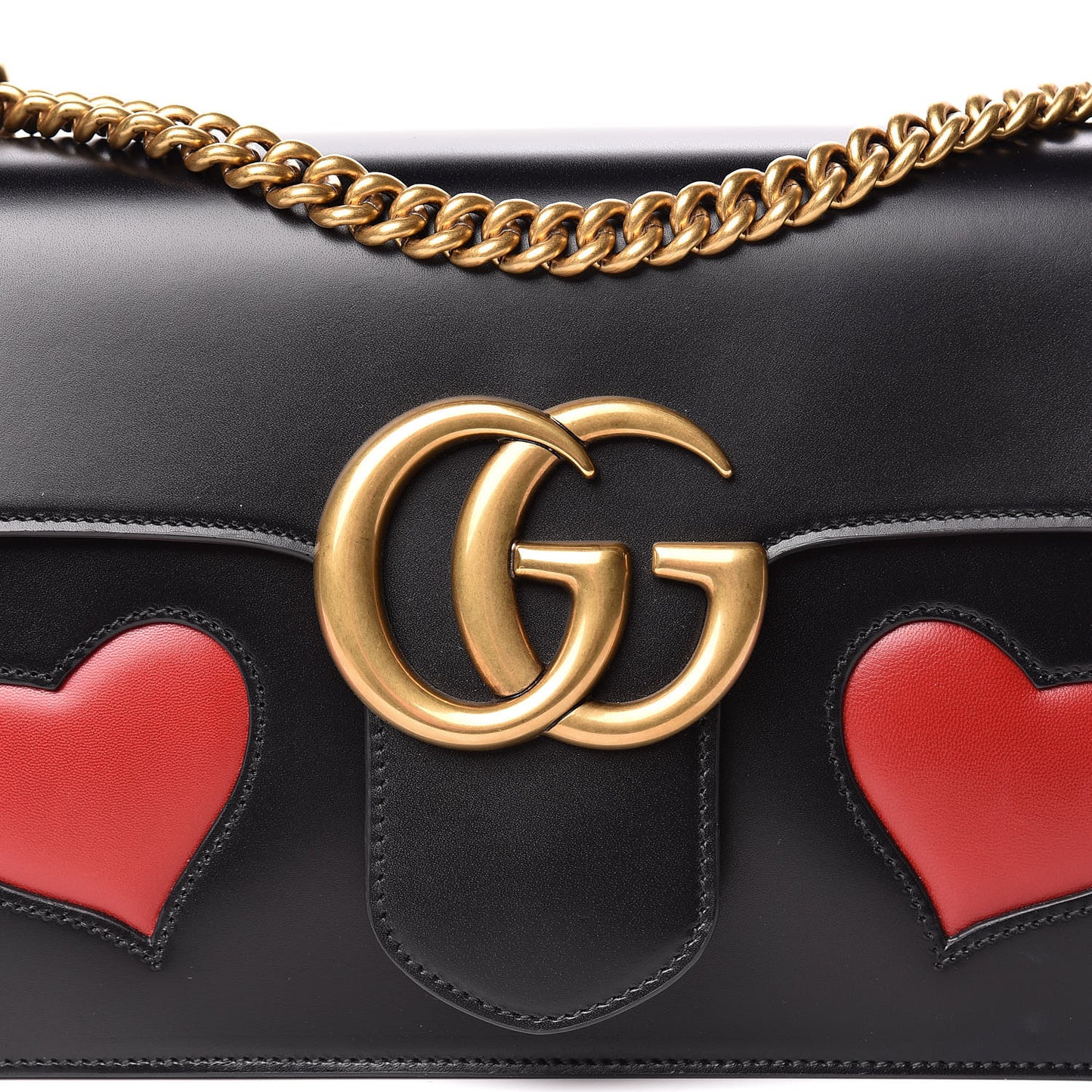 Knight Calfskin Malaga Kid Heart Medium GG Marmont Chain Handle Bag Black Hibiscus Red Multicolor