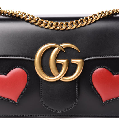 Gucci Knight Calfskin Malaga Kid Heart Medium GG Marmont Chain Handle Bag Black Hibiscus Red Multicolor 10 of 11