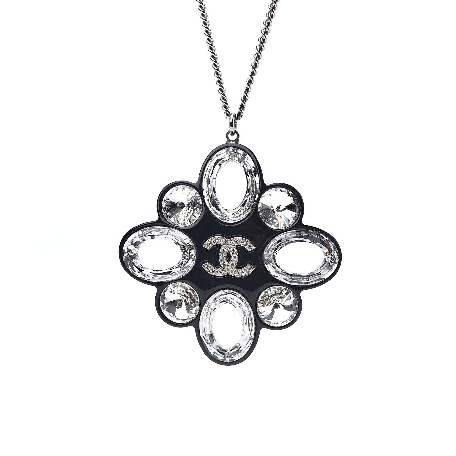 Chanel Resin Crystal CC Pendant Necklace Silver Black 4 of 4