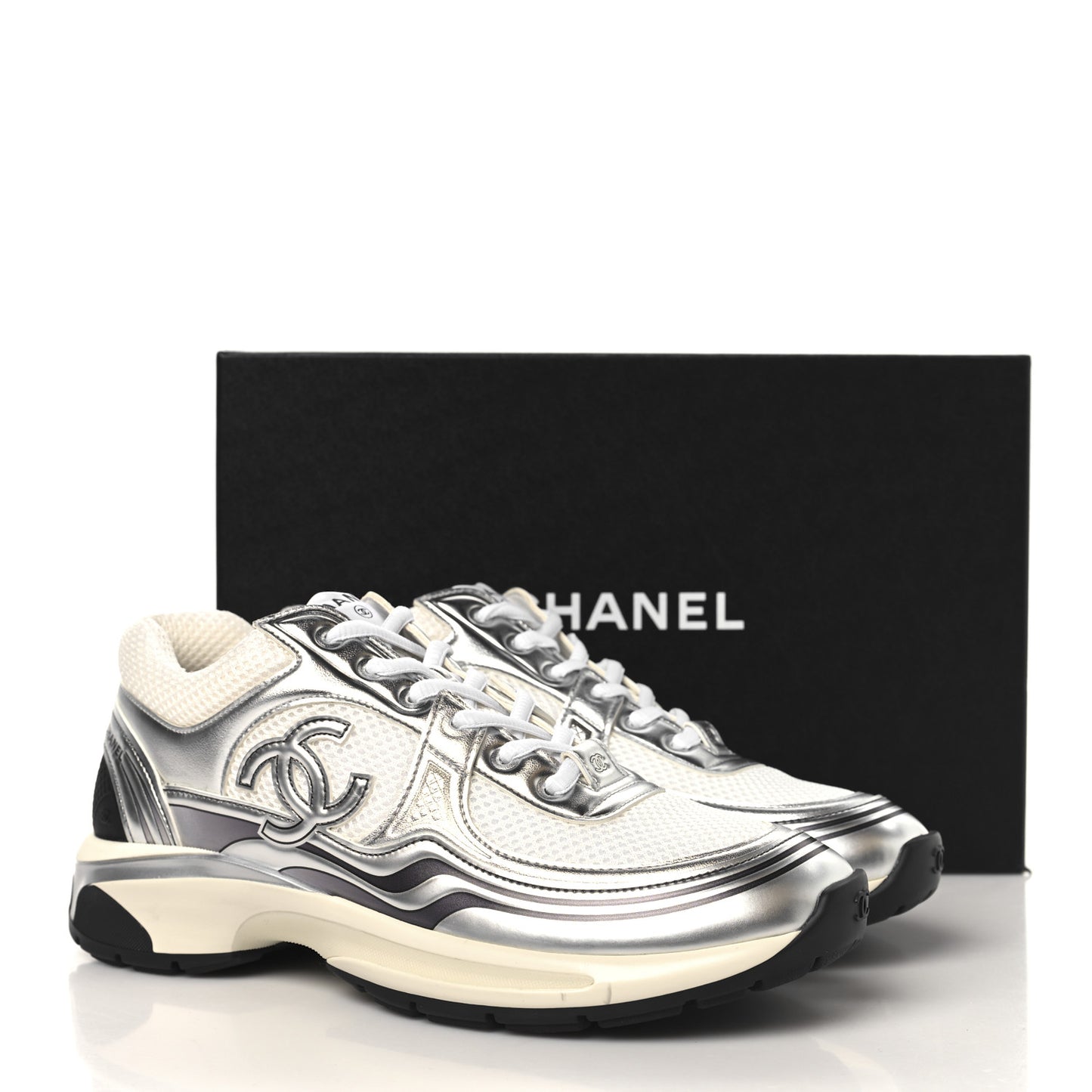 Fabric Laminated Calfskin Stretch CC Womens Sneakers 39.5 White Silver