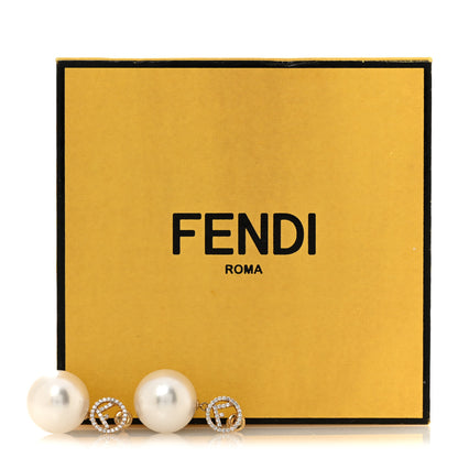 Fendi Metal Crystal Pearl Logo Drop Earrings Gold 7 of 7