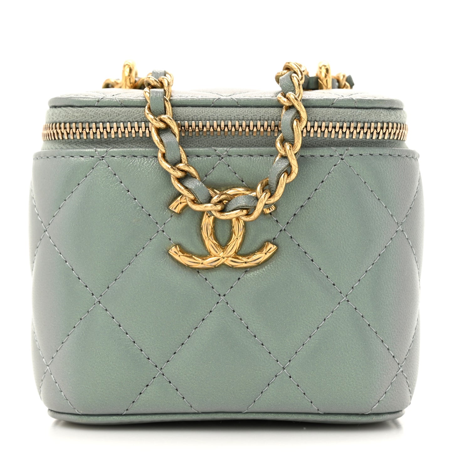 Metallic Lambskin Quilted Dynasty Mini Vanity Case With Chain Grey