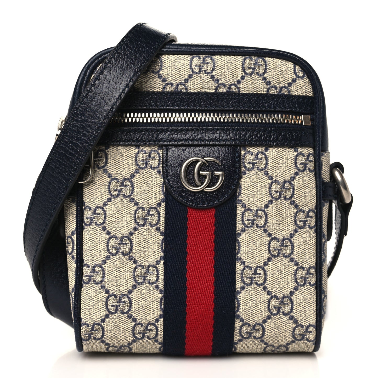 GG Supreme Monogram Textured Calfskin Web Mini Ophidia Messenger Beige Blue