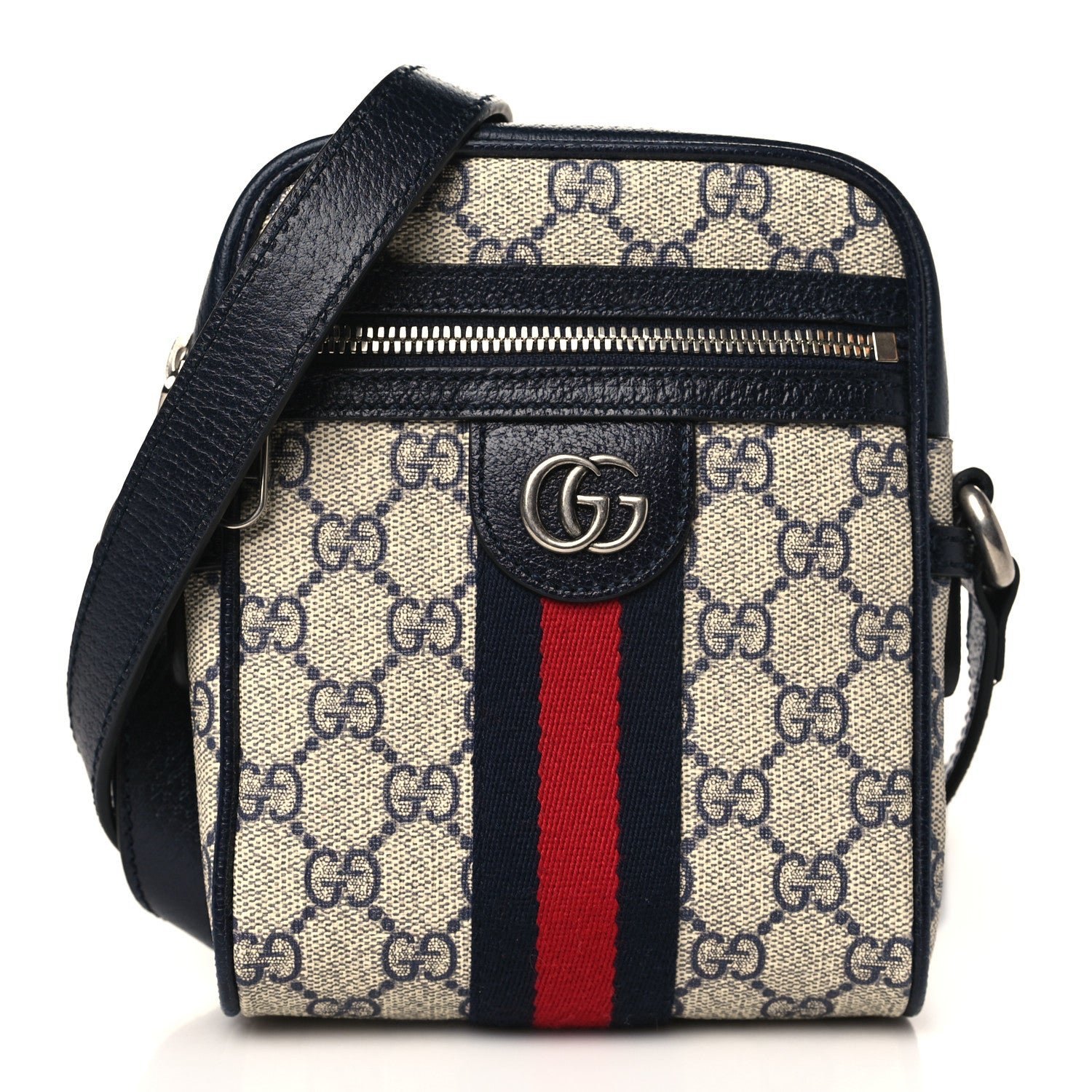 Gucci GG Supreme Monogram Textured Calfskin Web Mini Ophidia Messenger Beige Blue 1 of 9