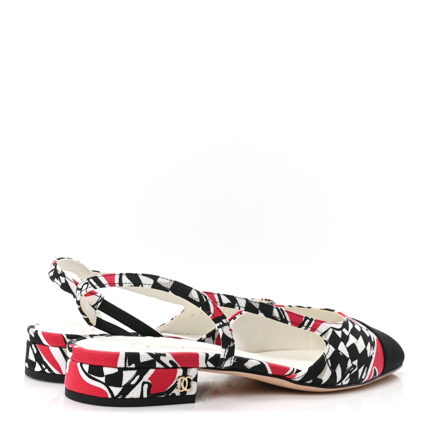 Printed Fabric Grosgrain Cap Toe CC Slingback Flats 38 Red Black White