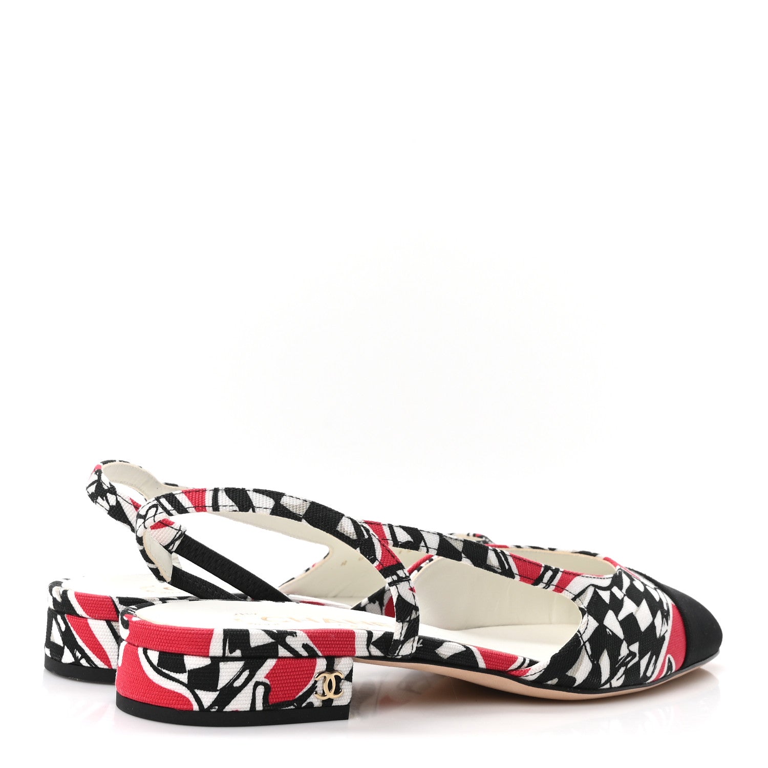 Chanel Printed Fabric Grosgrain Cap Toe CC Slingback Flats 38 Red Black White 5 of 9