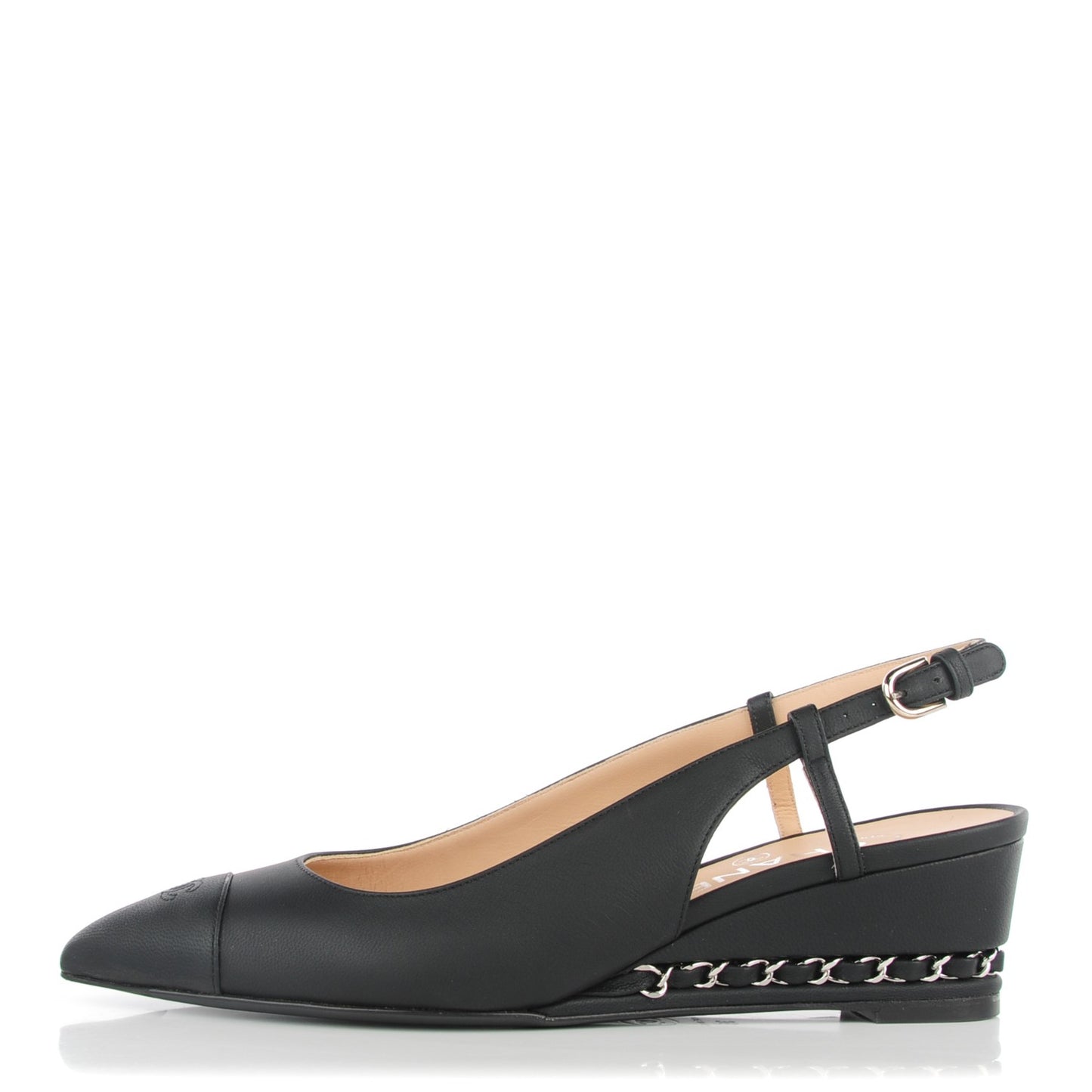 Lambskin Chain CC Cap Toe Slingback Wedge Sandals 35 Black