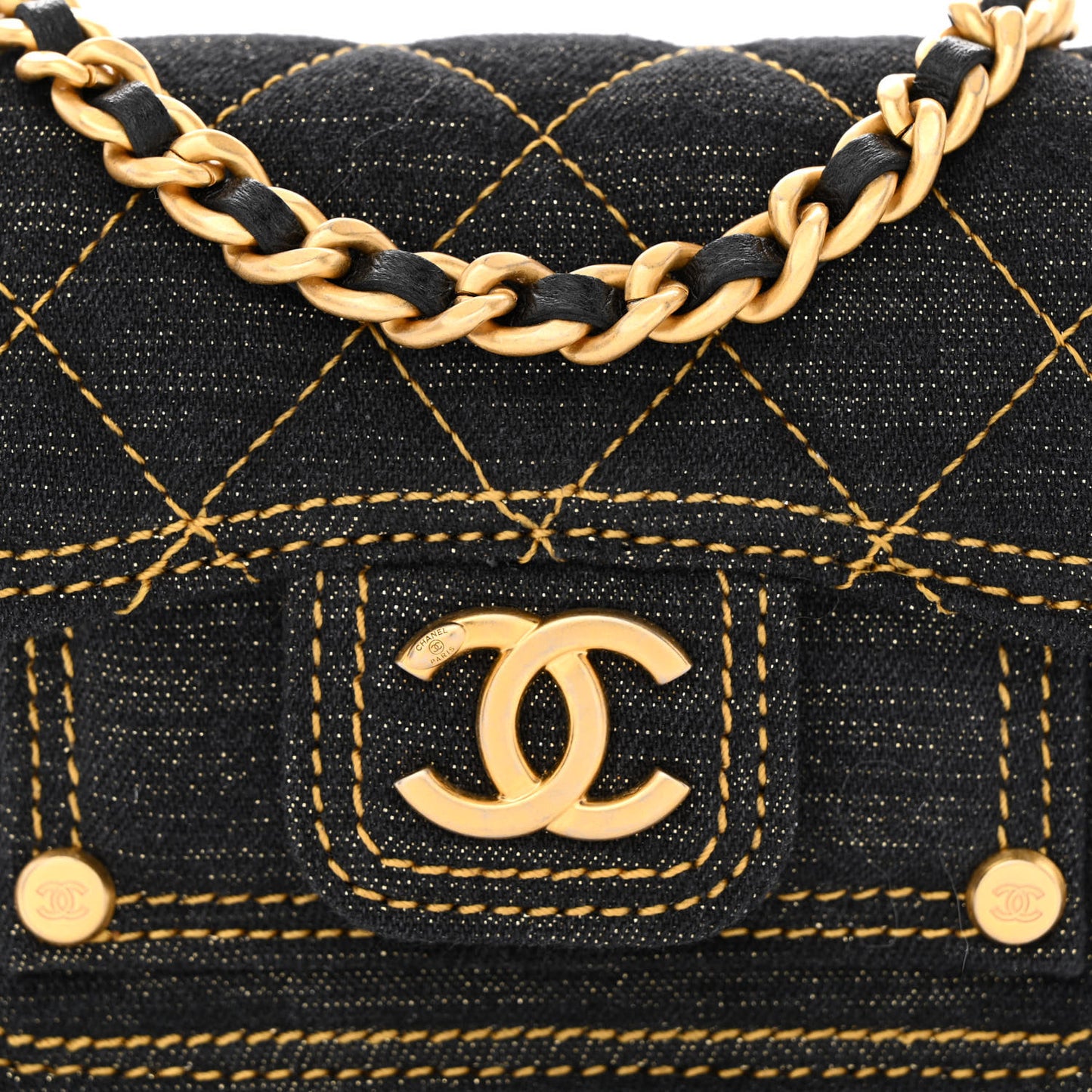 Denim Quilted Double You Card Holder On Chain Black Golden