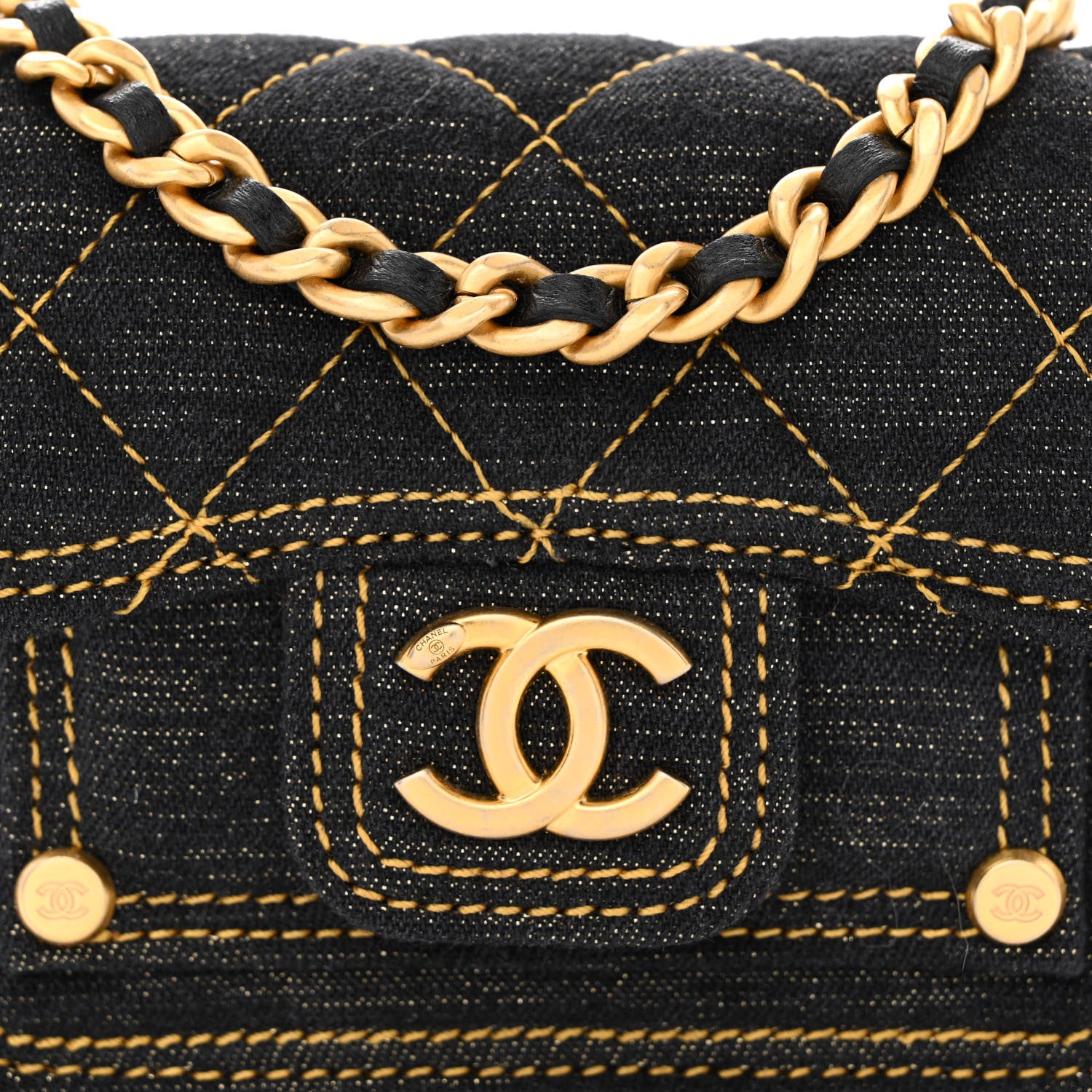 Chanel Denim Quilted Double You Card Holder On Chain Black Golden 8 of 11