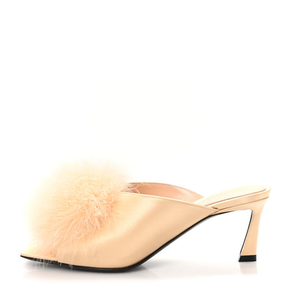 Saint Laurent Crepe Satin Blanco 60 Feathered Mule Sandals 37 Soft Nude 1 of 10