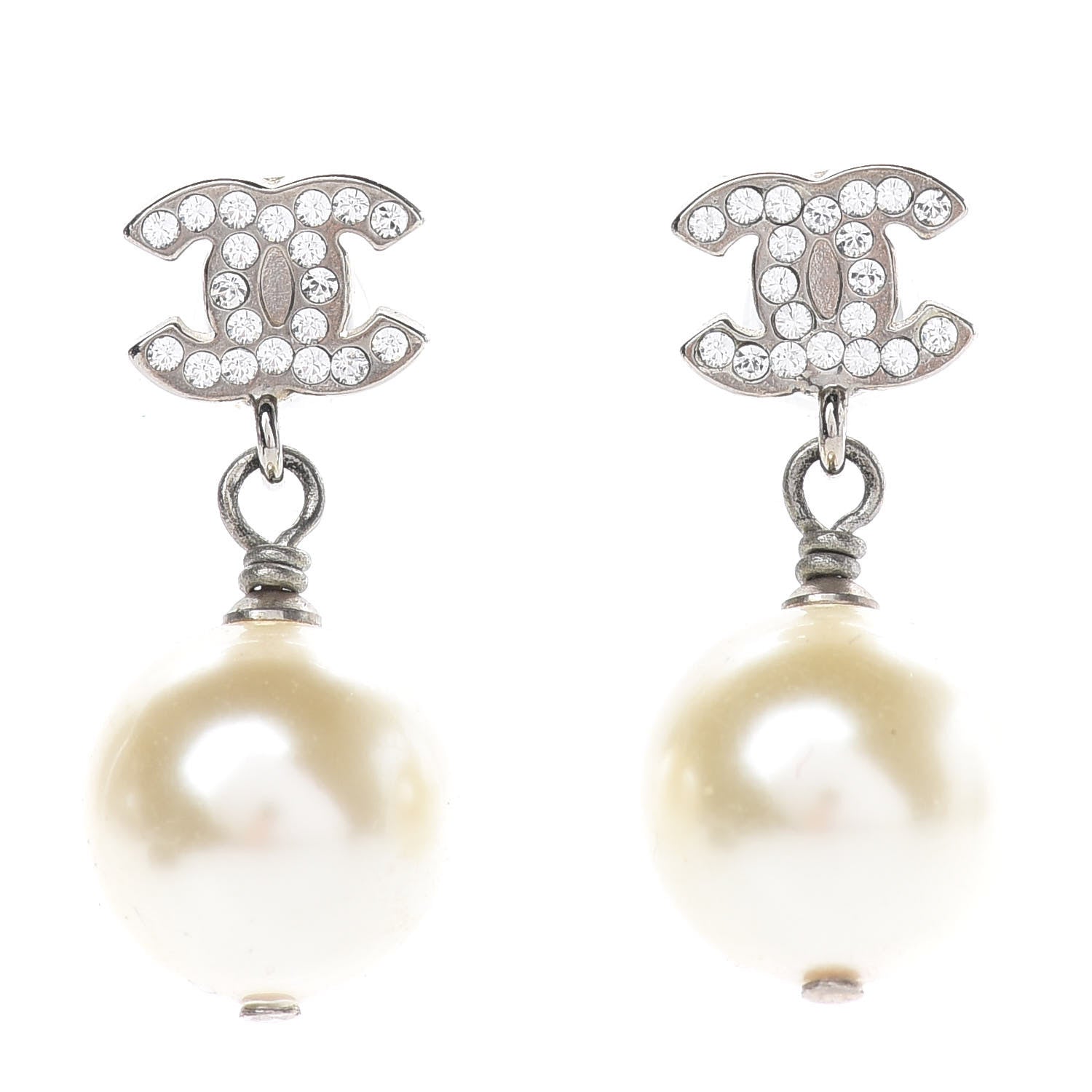 Chanel Crystal Pearl CC Drop Earrings Silver Pearly White 1 of 5