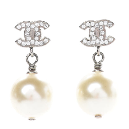Chanel Crystal Pearl CC Drop Earrings Silver Pearly White 1 of 5