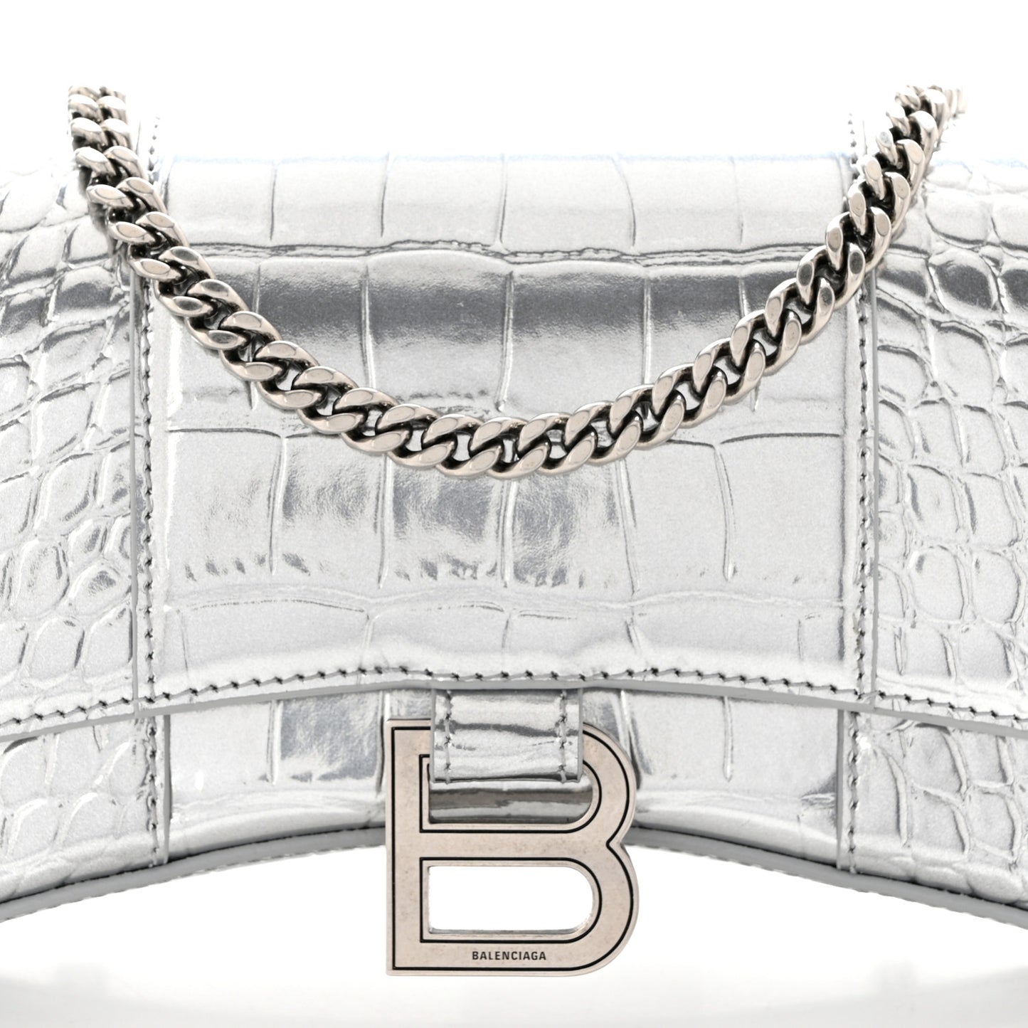 Metallic Calfskin Crocodile Embossed Hourglass Chain Bag Silver