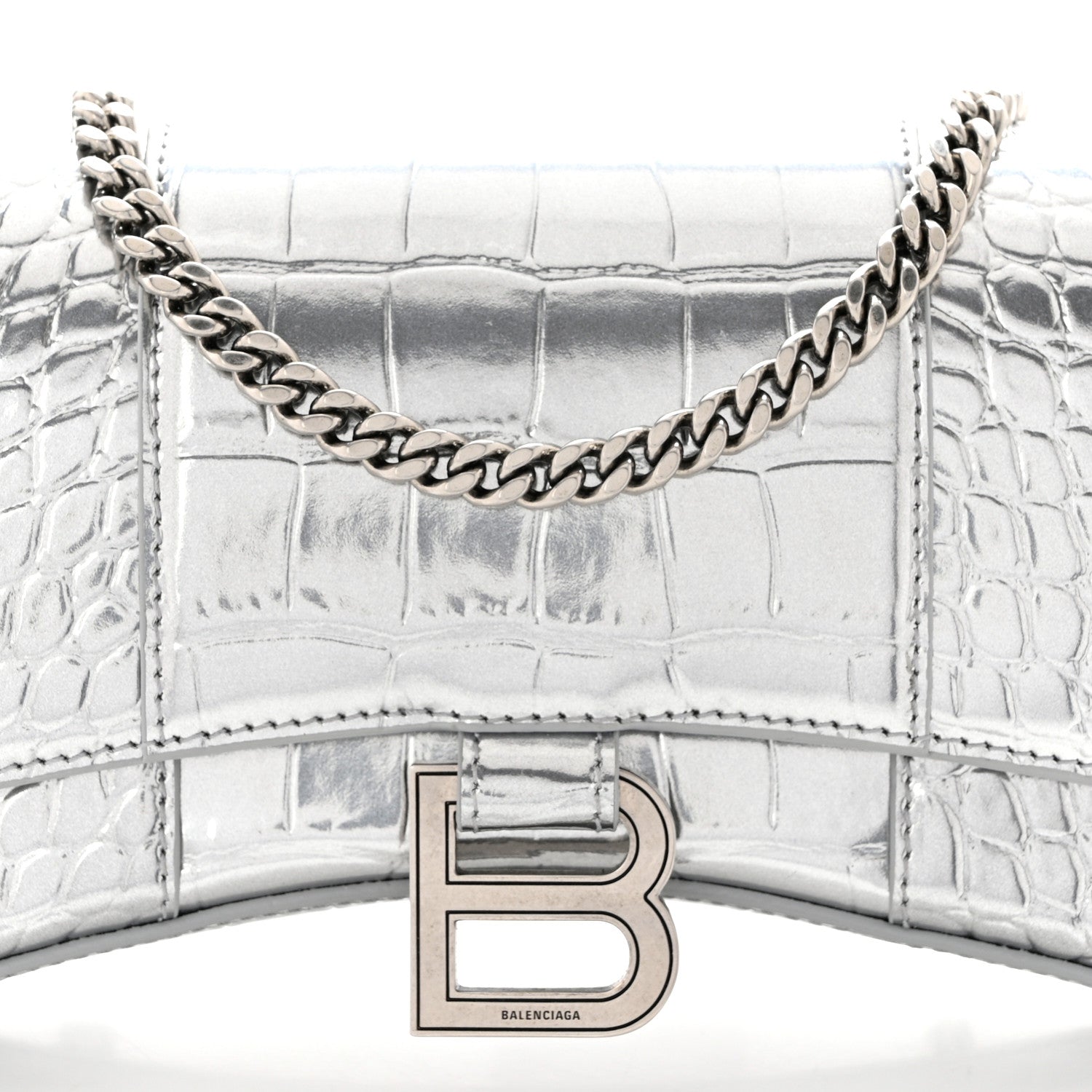 Balenciaga Metallic Calfskin Crocodile Embossed Hourglass Chain Bag Silver 7 of 10