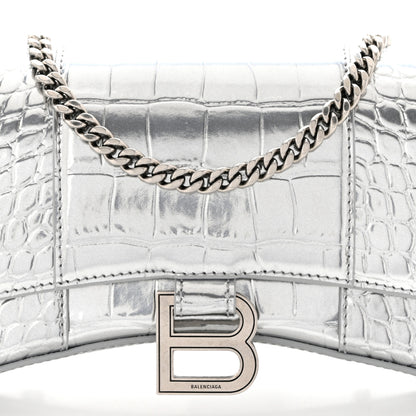 Balenciaga Metallic Calfskin Crocodile Embossed Hourglass Chain Bag Silver 7 of 10