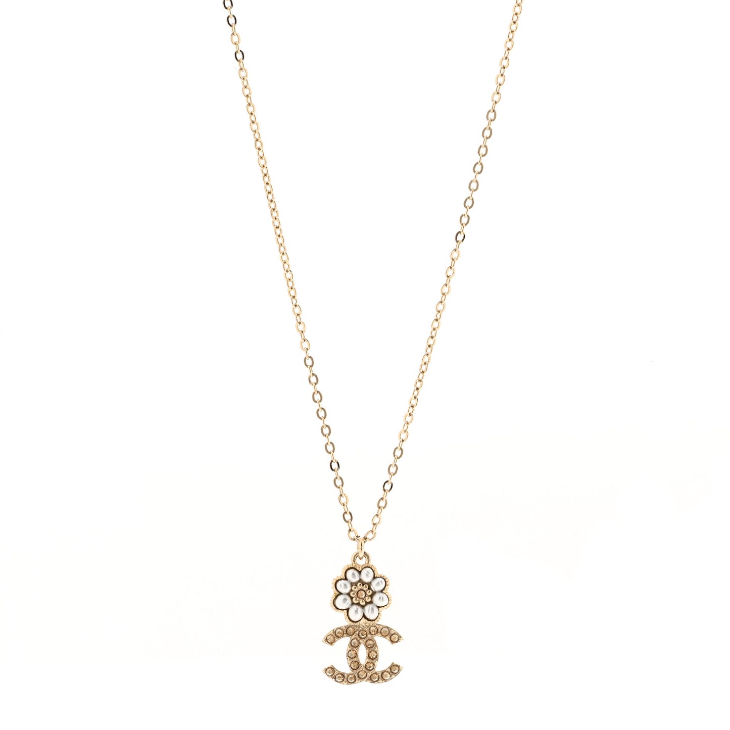 Pearl Crystal CC Flower Pendant Necklace Gold Light Brown Pearly White