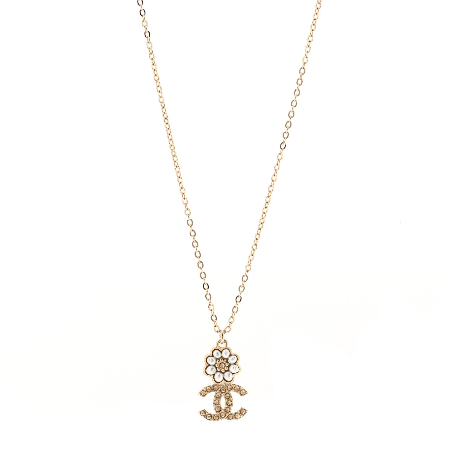 Chanel Pearl Crystal CC Flower Pendant Necklace Gold Light Brown Pearly White 1 of 7
