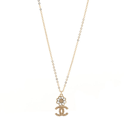 Chanel Pearl Crystal CC Flower Pendant Necklace Gold Light Brown Pearly White 1 of 7