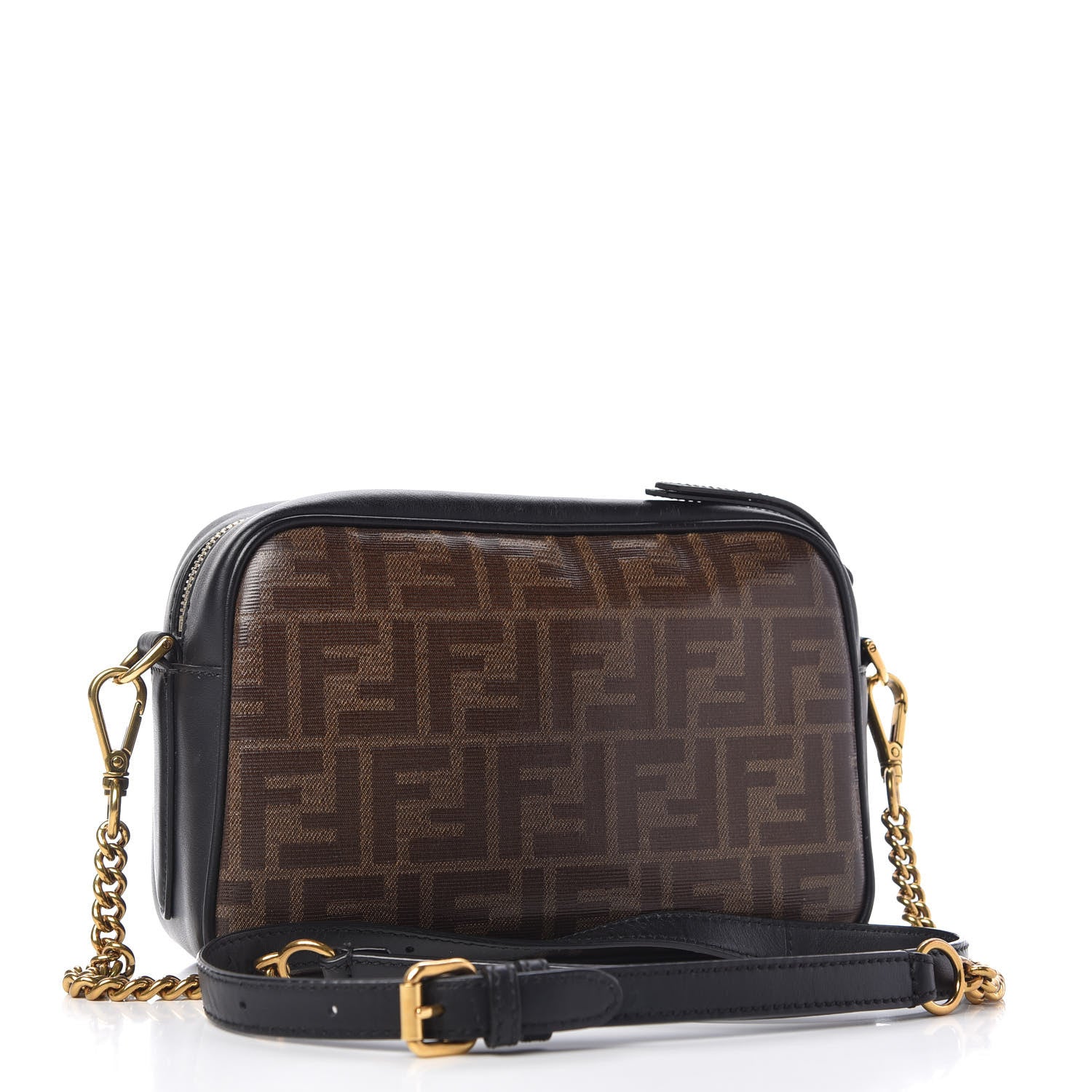 Fendi Glazed Fabric Vitello Century FF 1974 Stamp Patch Camera Case Mogano Panna Black 3 of 10