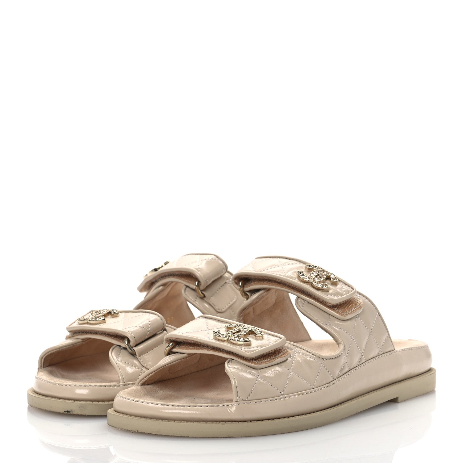 Chanel Shiny Calfskin Crystal Quilted Velcro Dad CC Slide Sandals 38 Light Beige 4 of 14