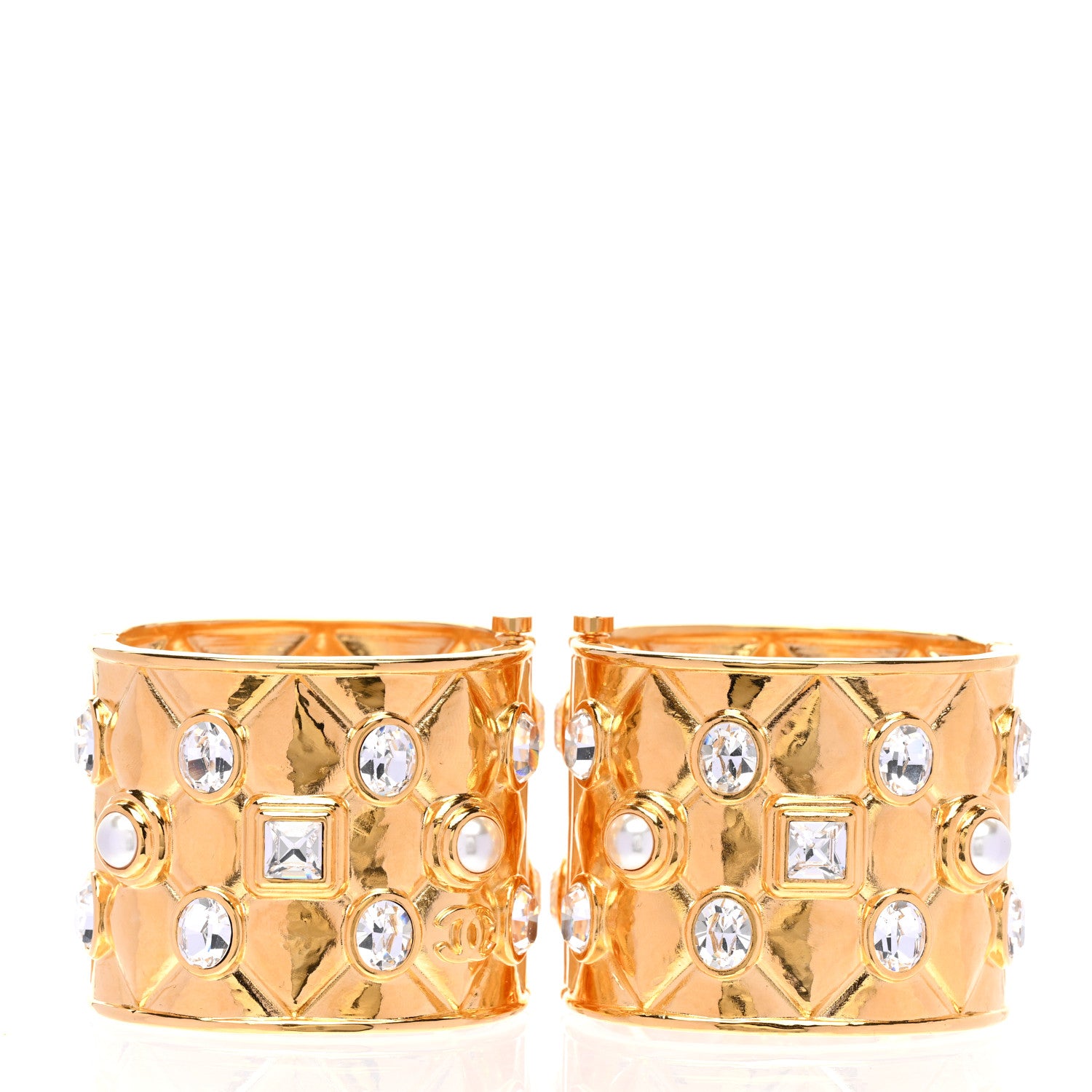 Chanel Strauss Pearl Crystal Quilted Hinged Cuff Set of 2 Gold 3 of 4