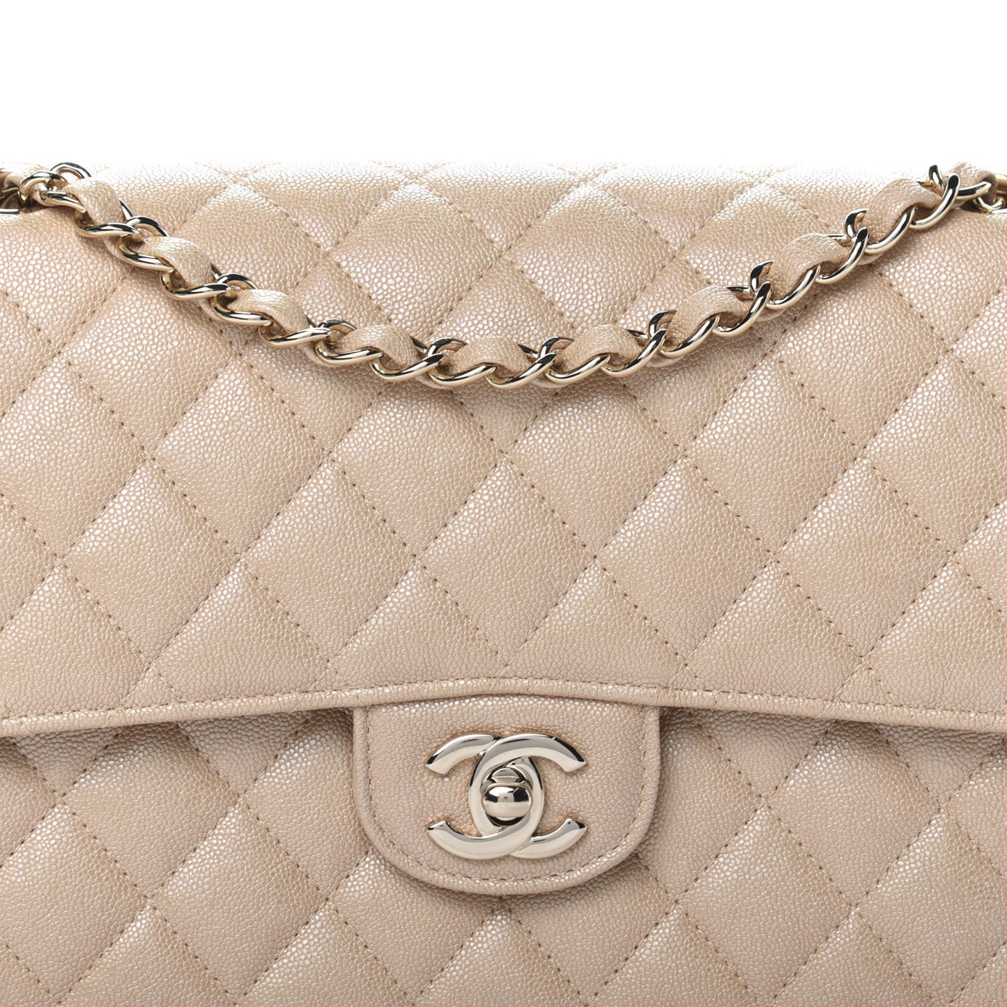 Iridescent Caviar Quilted Medium Double Flap Beige