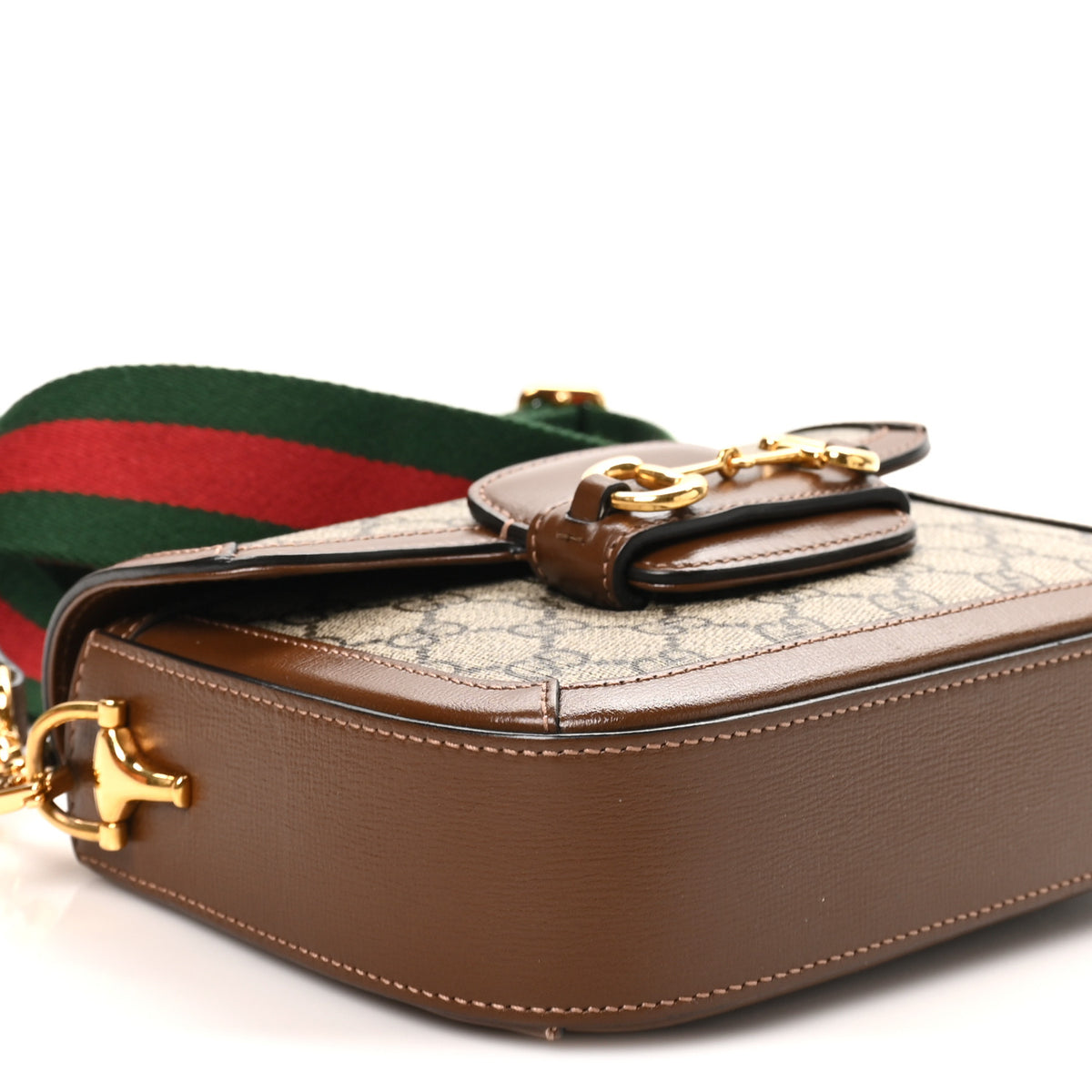 GG Supreme Monogram Azalea Calfskin Web Mini Horsebit 1955 Shoulder Bag Beige Ebony Brown Sugar