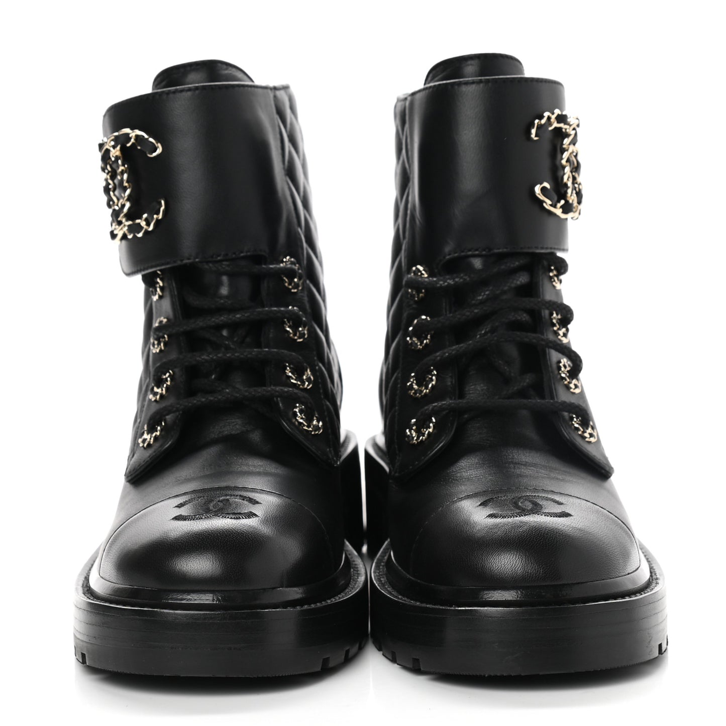 Shiny Lambskin Quilted Lace Up Combat Boots 38 Black