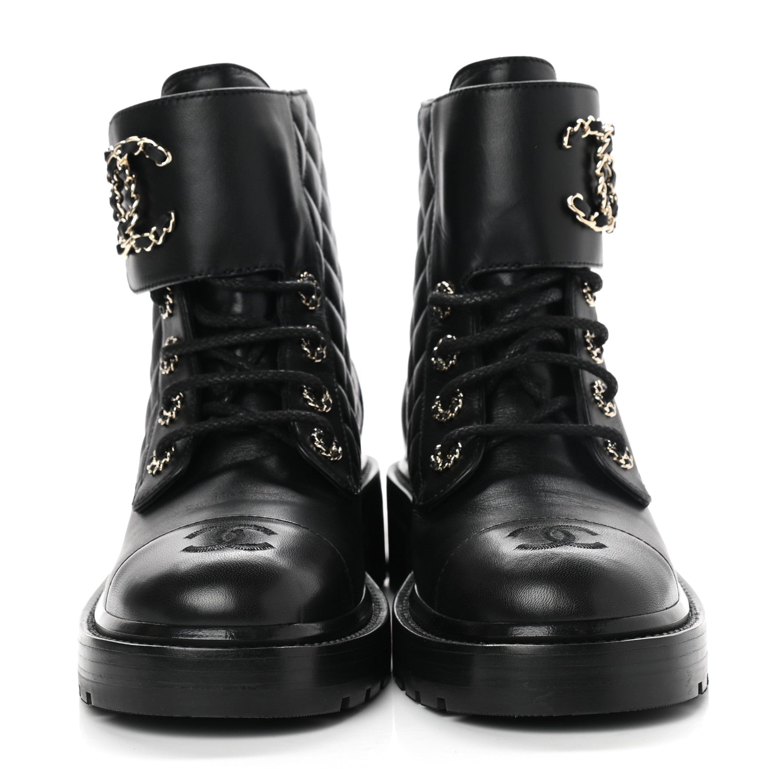 Chanel Shiny Lambskin Quilted Lace Up Combat Boots 38 Black 2 of 8
