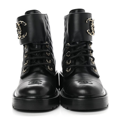 Chanel Shiny Lambskin Quilted Lace Up Combat Boots 38 Black 2 of 8