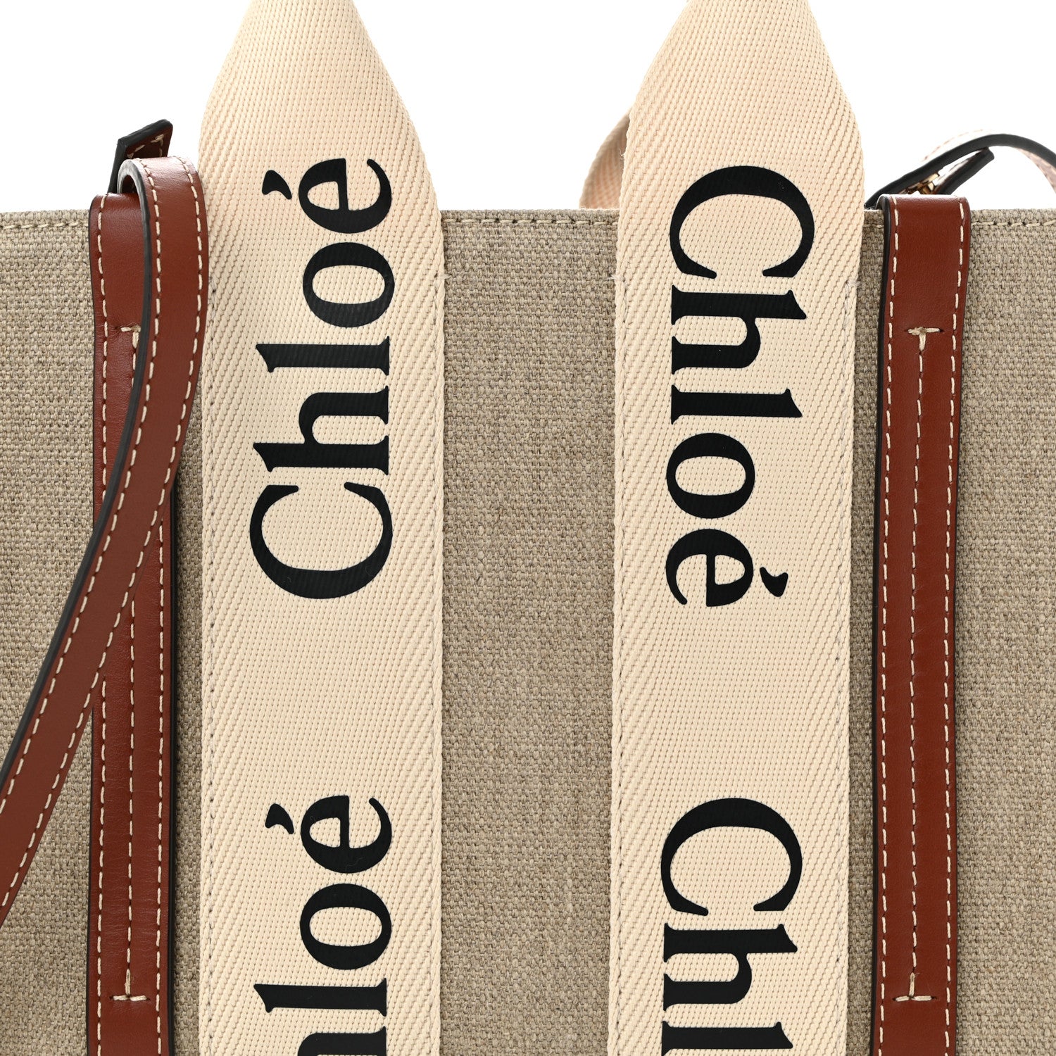 Chloe Cotton Calfskin Small Woody Ribbon Tote With Strap White Brown 8 of 10