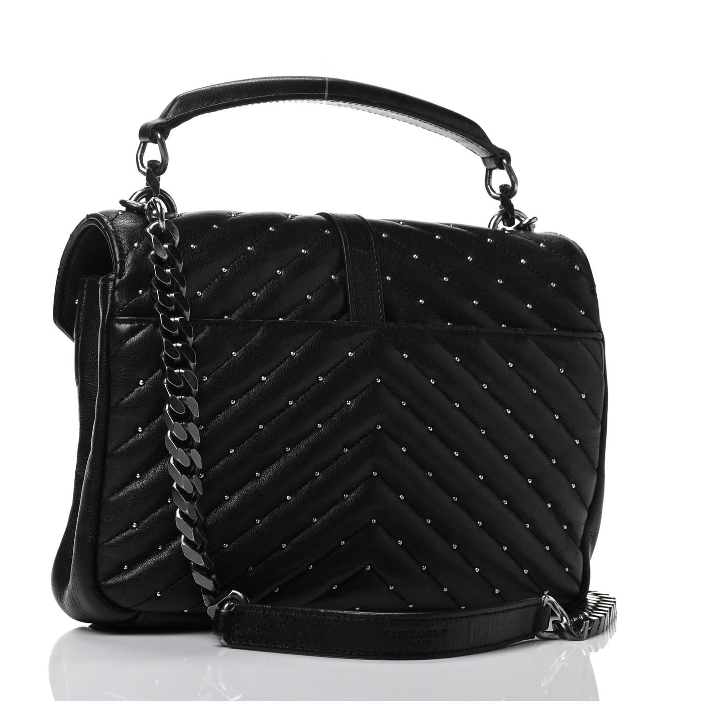 Lambskin Matelasse Chevron Studded Monogram Medium College Bag Black