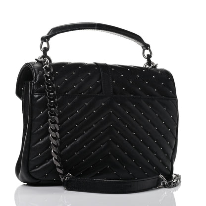 Saint Laurent Lambskin Matelasse Chevron Studded Monogram Medium College Bag Black 2 of 4