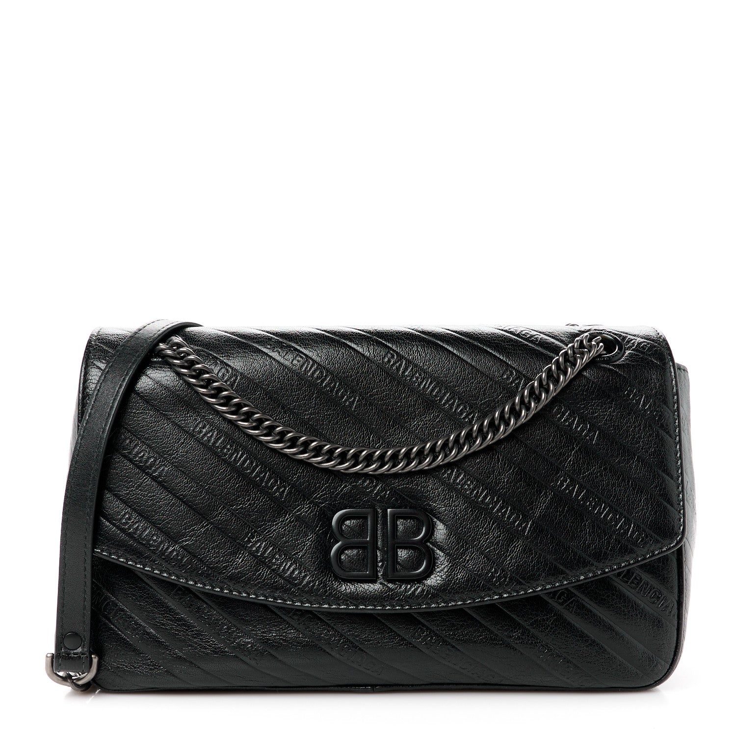 Balenciaga Shiny Goatksin Logo Embossed Monochrome M BB Round Shoulder Bag Black 1 of 9