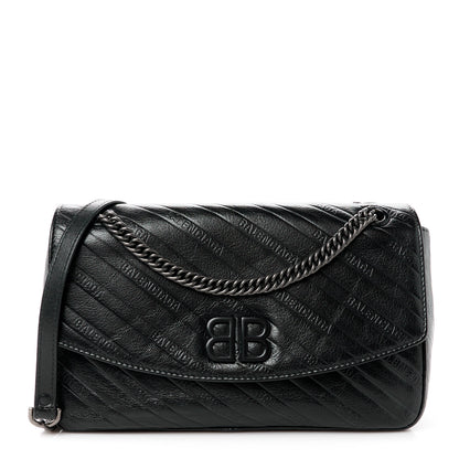 Balenciaga Shiny Goatksin Logo Embossed Monochrome M BB Round Shoulder Bag Black 1 of 9