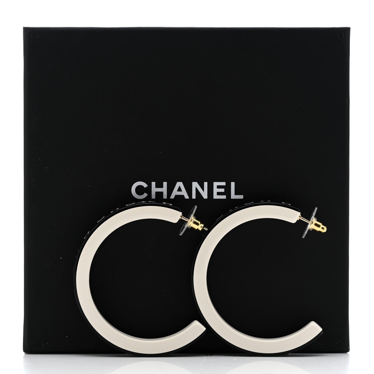Chanel Resin Logo Hoop Earrings Black White 5 of 5
