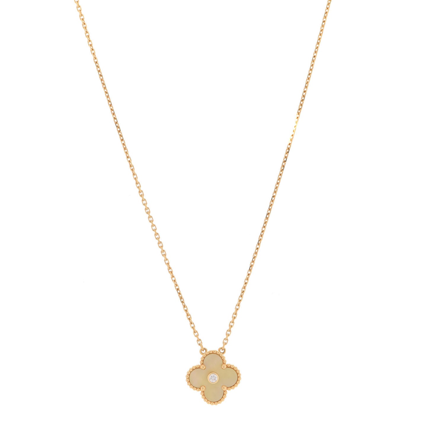 18K Yellow Gold Diamond Yellow Mother of Pearl Vintage Alhambra Pendant Necklace