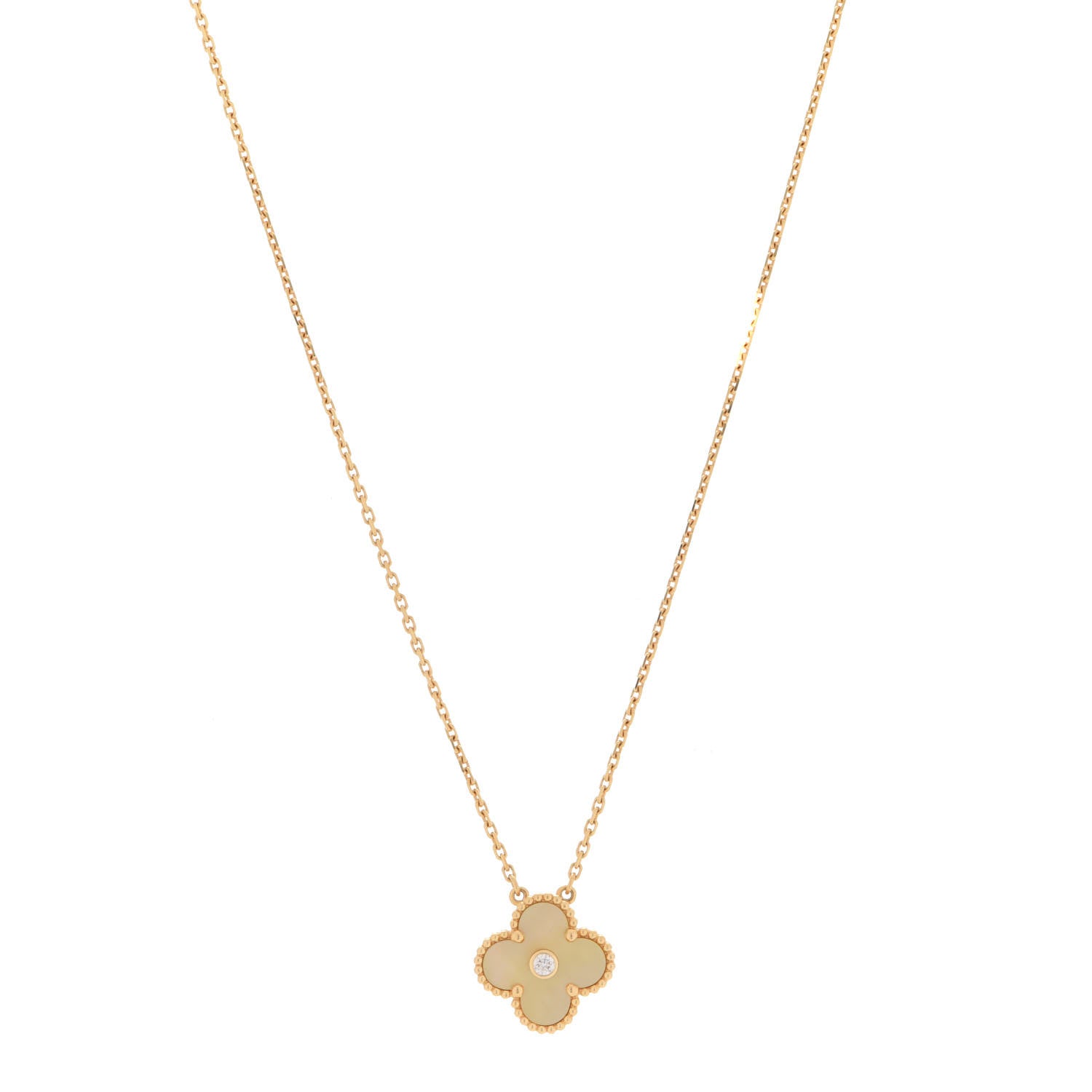 Van Cleef & Arpels 18K Yellow Gold Diamond Yellow Mother of Pearl Vintage Alhambra Pendant Necklace 1 of 6