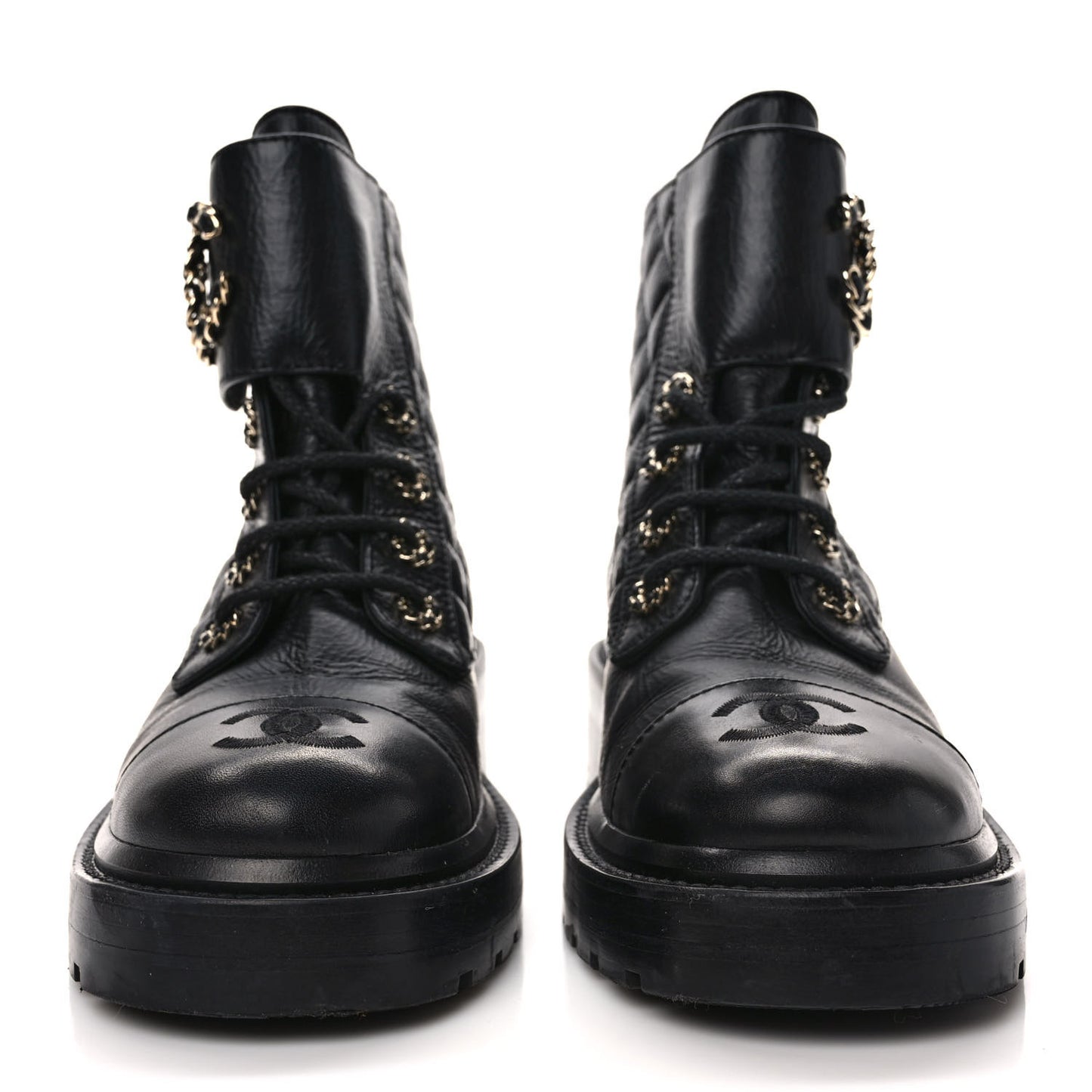 Shiny Calfskin Quilted Lace Up Combat Boots 36.5 Black