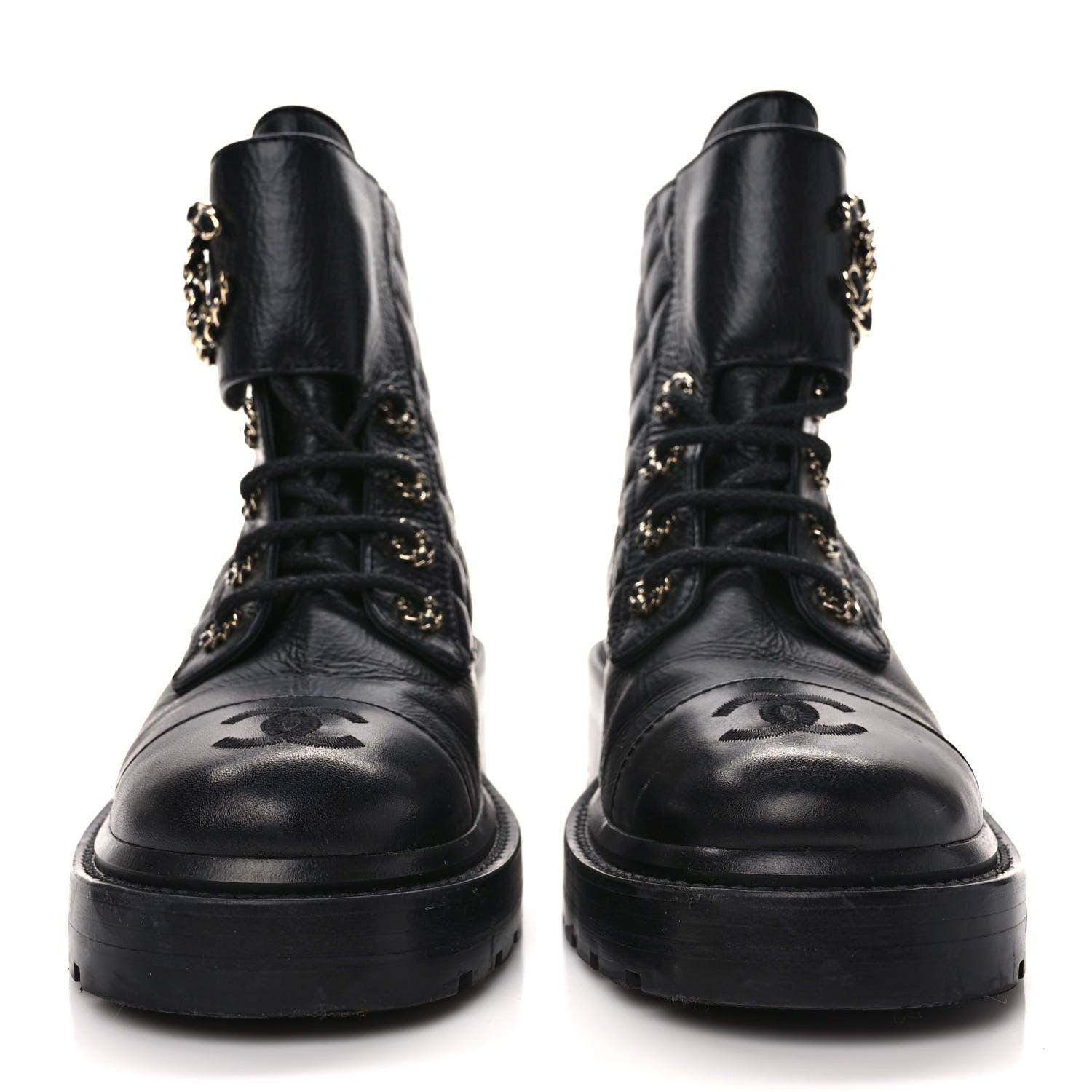 Chanel Shiny Calfskin Quilted Lace Up Combat Boots 36.5 Black 2 of 8
