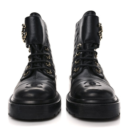 Chanel Shiny Calfskin Quilted Lace Up Combat Boots 36.5 Black 2 of 8