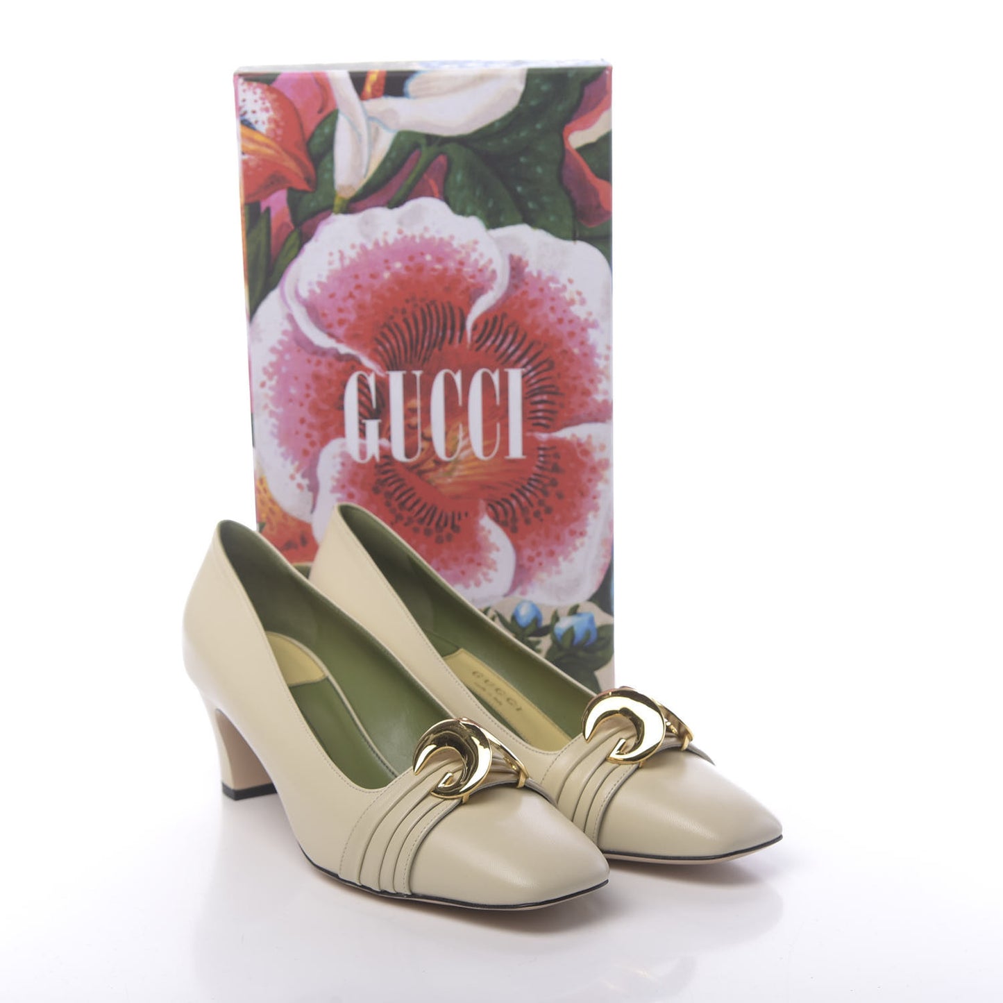 Malaga Kid Half Moon GG Square Toe Pumps 39.5 Vintage White