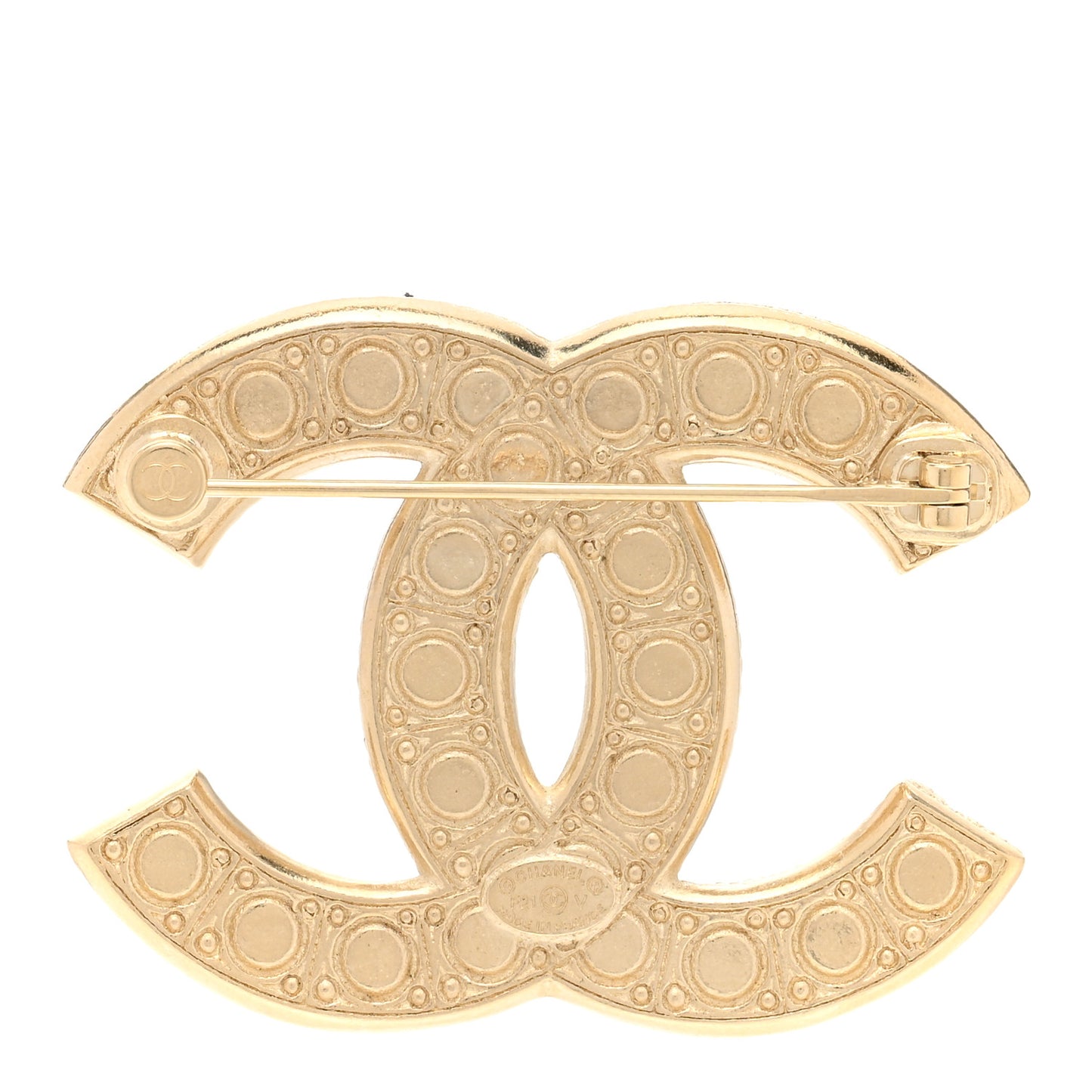 Metal Crystal Graduated Pearl CC Brooch Gold