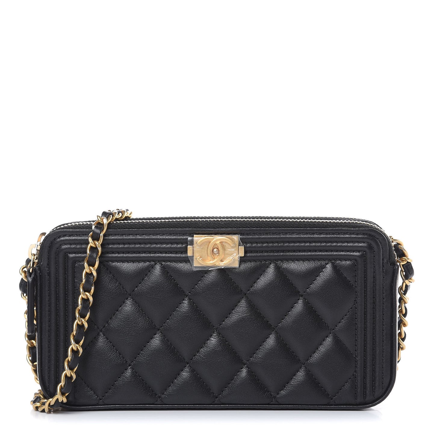 Lambskin Quilted Small Boy Clutch With Chain Black