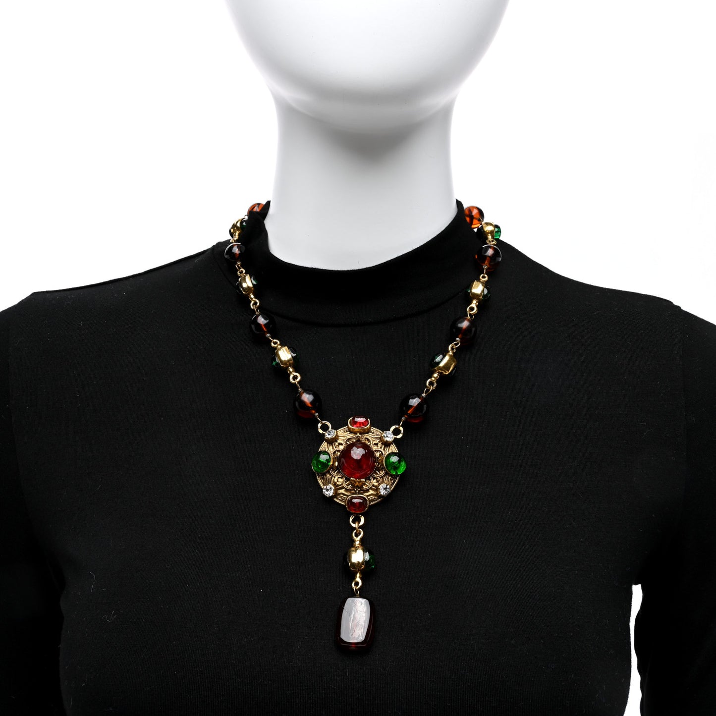 Bead Gripoix Poured Glass Pendant Necklace Gold Red Green